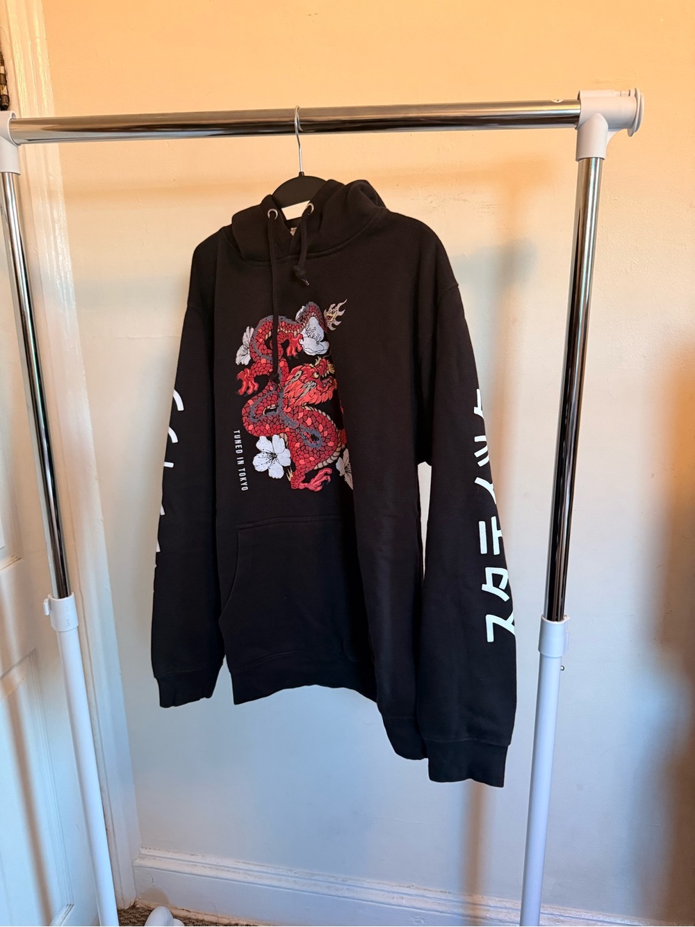 Black Crewneck Hoodie with Red Dragon Graphic